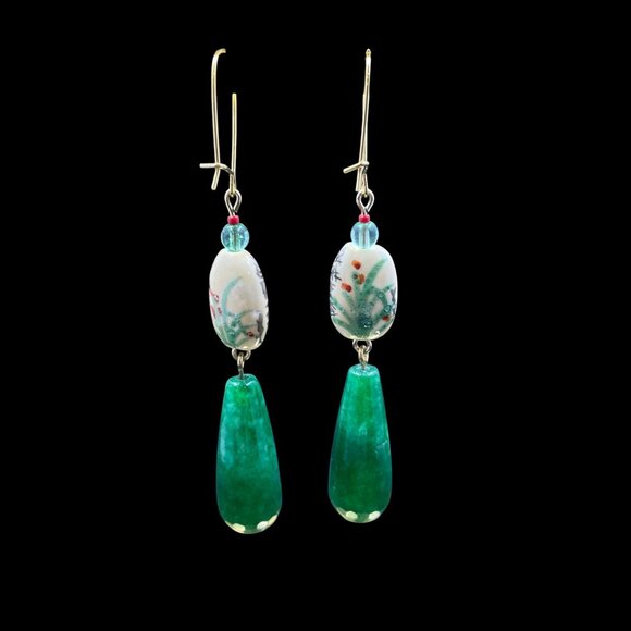 Porcelain Green Glass Drop Earrings Artsy Boho Statement Festival Eclectic Gift - Picture 5 of 6